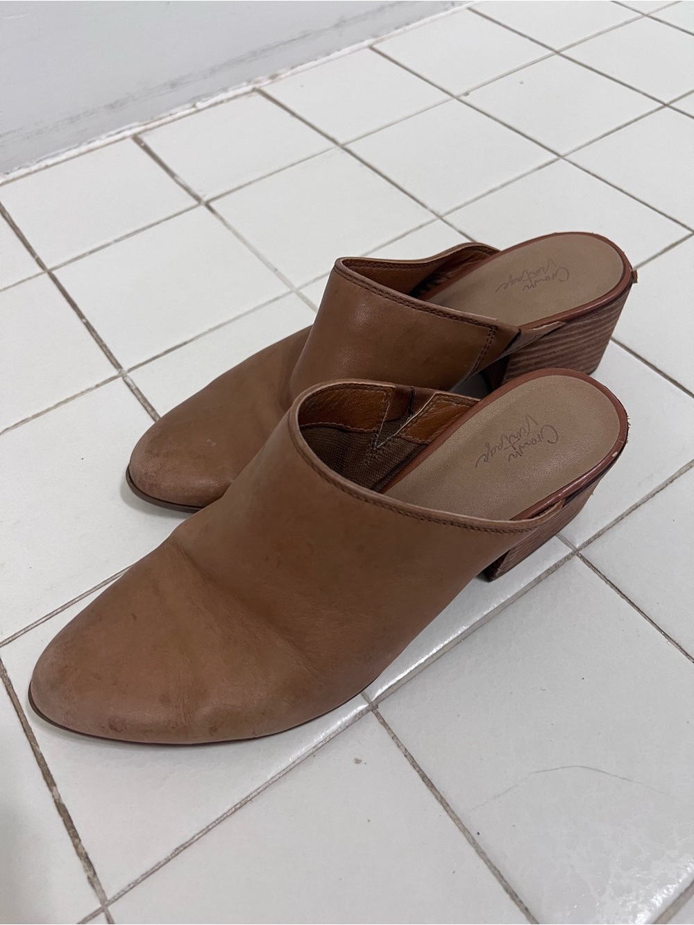 Tan Leather Slip-On Mule Heels